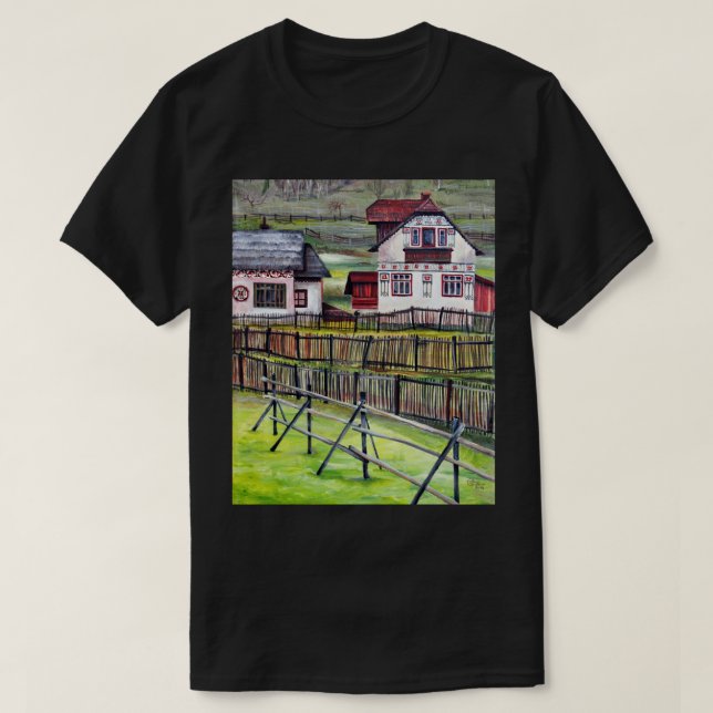 Transylvania Village, Romanian Scenery Painting T-Shirt (Design Front)