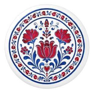 Transylvanian Korond Red Flowers Folk Ceramic Knob