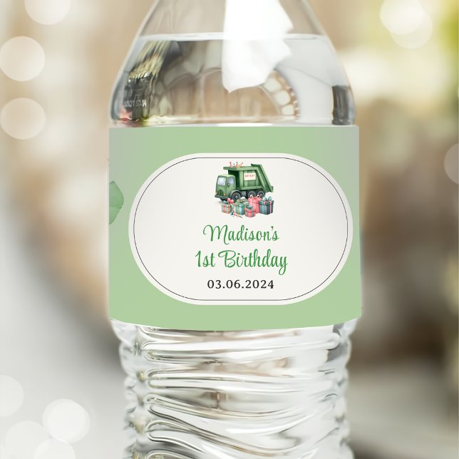 Trash Garbage Truck 1st Birthday Party  Water Bottle Label (Creator Uploaded)
