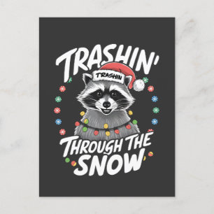Trashing Through the Snow Funny Racoon Christmas Announcement Postcard