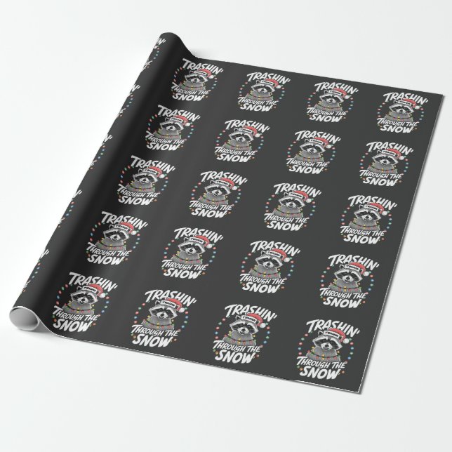 Trashing Through the Snow Funny Racoon Christmas Wrapping Paper (Unrolled)