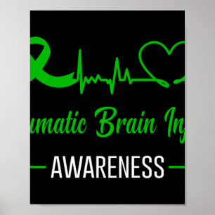 Traumatic Brain Injury Awareness Green Ribbon Hear Poster