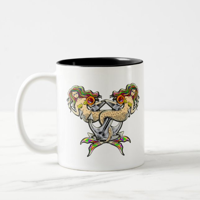 Traurige Meerjungfrauen am Anker Two-Tone Coffee Mug (Left)