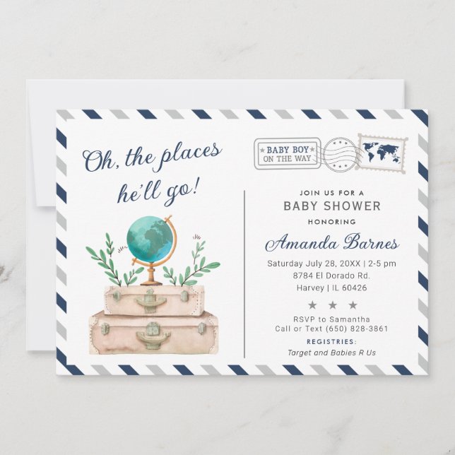 Travel Adventure Baby Boy Around the World Shower Invitation (Front)