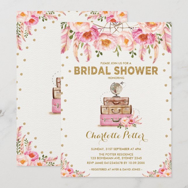 Travel Adventure Bridal Shower Pink Floral Invite (Front/Back)