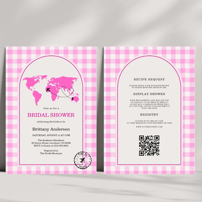 Travel Adventure Gingham Bridal Shower QR Code  Invitation (Creator Uploaded)