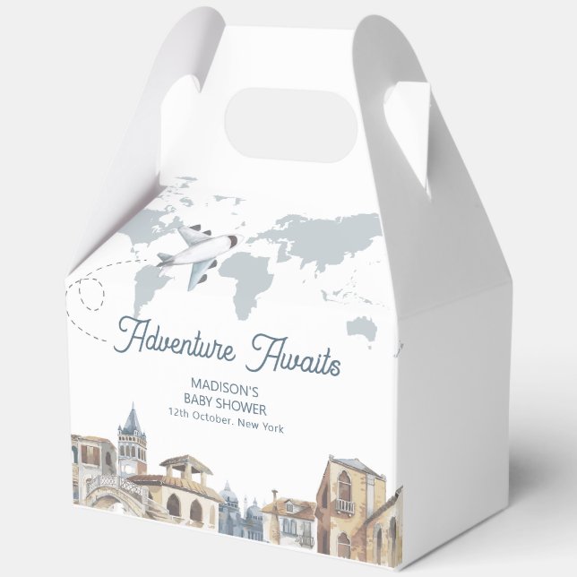 Travel Adventure World Map Airplane Baby Shower  Favour Box (Front)