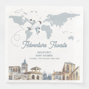Travel Adventure World Map Airplane Baby Shower  Napkin
