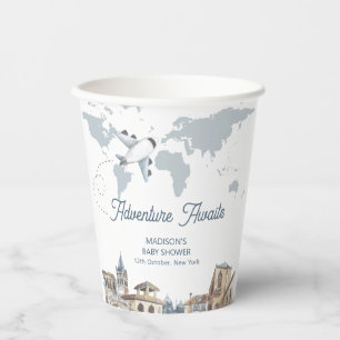 Travel Adventure World Map Airplane Baby Shower Paper Cups