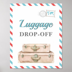 Travel Aeroplane Blue Red Luggage Gift Cards Table Poster