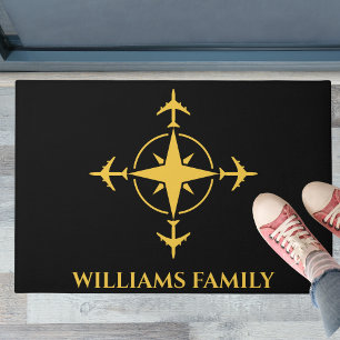 Travel Aeroplane Compass Aviation Black Gold Custo Doormat