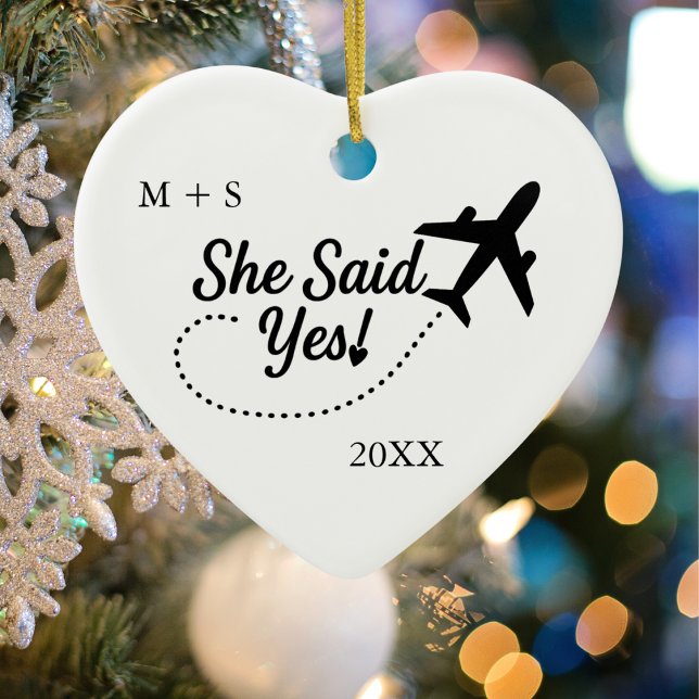 Travel Aeroplane 'She Said Yes!' Engagement Photo  Ceramic Tree Decoration (back)