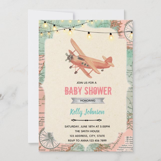 Travel aeroplane shower birthday invitation (Front)