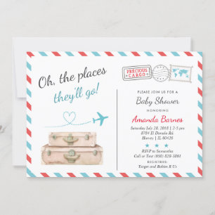Travel Aeroplane Twin Baby Shower Sprinkle Red Blu Invitation