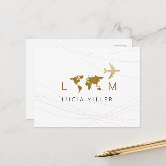 Travel Aeroplane World Map White Holiday Postcard (Front/Back In Situ)