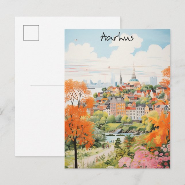 Travel Aesthetic Painting City Aarhus Denmark Postcard (Front/Back)