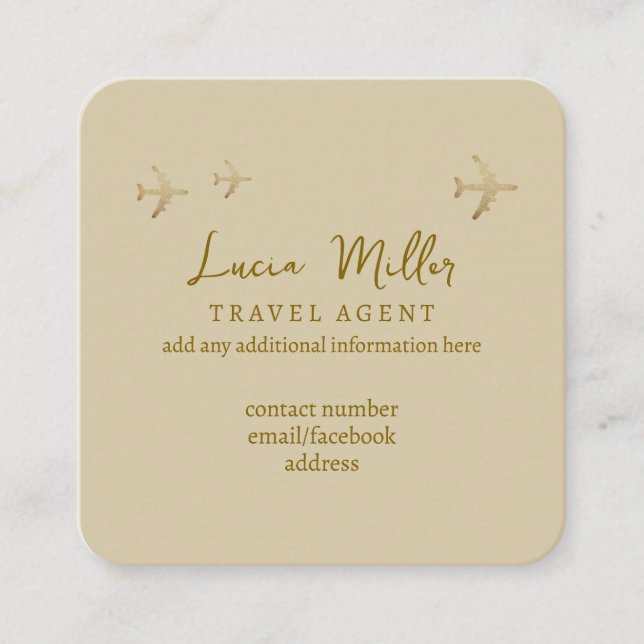 Travel agency consultant beige square business card (Front)