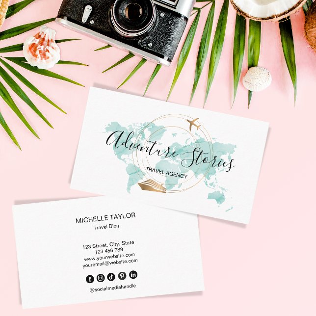 Travel Agency Travel Blog Blue World Map Cruise  Business Card (Creator Uploaded)
