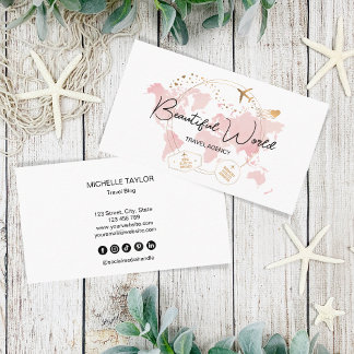 Travel Agency Travel Blog Pink World Map Logo Business Card