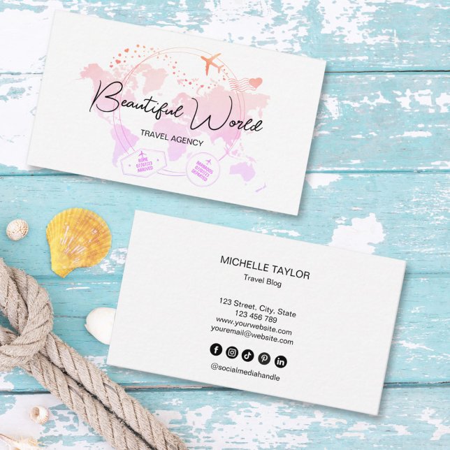 Travel Agency Travel Blog Pink World Map Logo Business Card (pink world map with a golden plane and flight stamps travel agency logo)