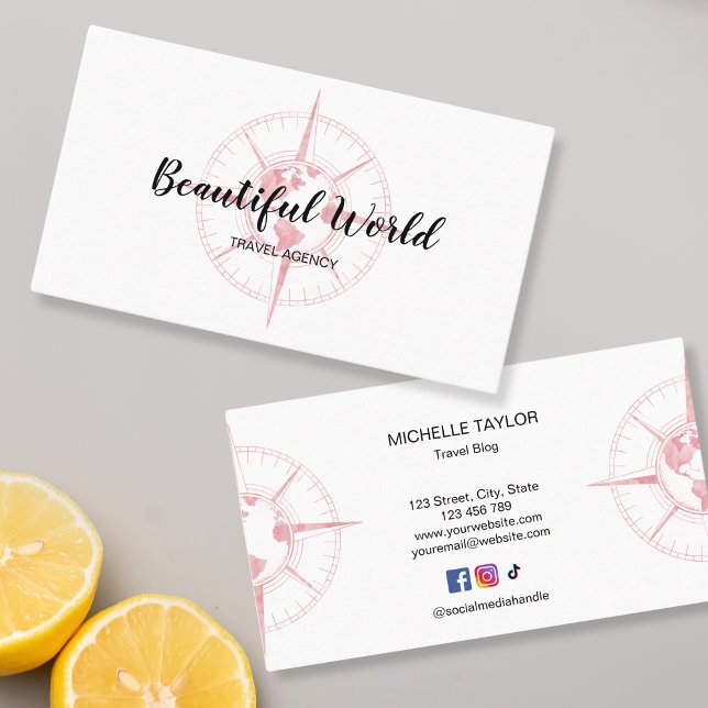 Travel Agency Travel Blog World Map Compass Business Card (pink watercolor compass with globe)