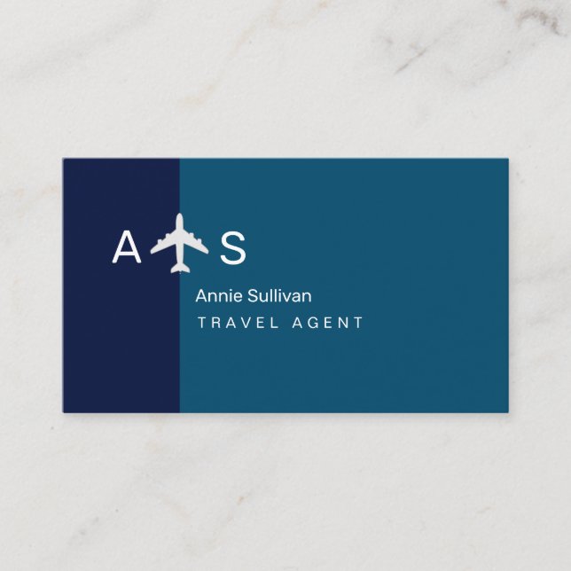 Travel Agent 2-tone blue aeroplane monogram Business Card (Front)