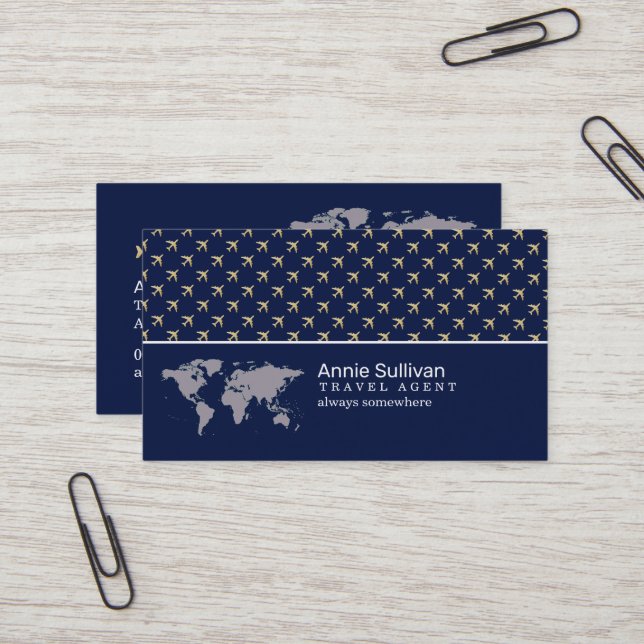 Travel Agent Aeroplane World Map Modern Business Card (Front/Back In Situ)