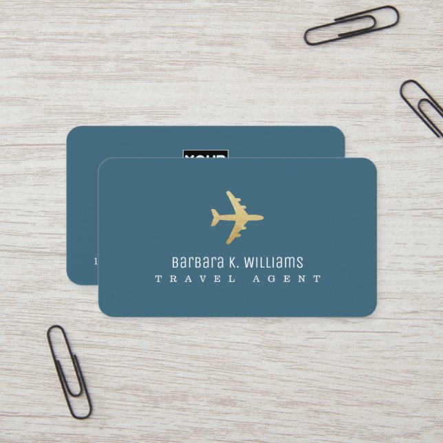 Travel Agent Blue Business Card faux gold aeroplan (Front/Back In Situ)