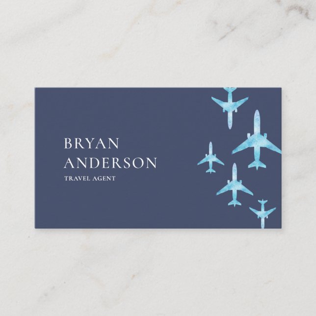 Travel Agent Blue Watercolor Aeroplanes Business Card (Front)