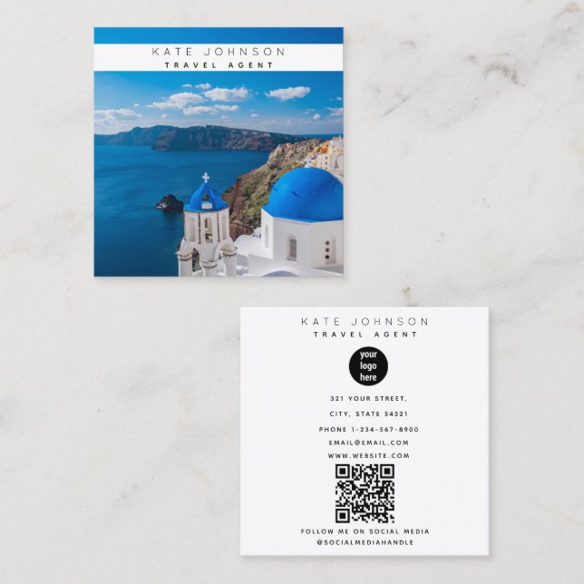 Travel Agent Business Logo Photographer Santorini Square Business Card (Front/Back)
