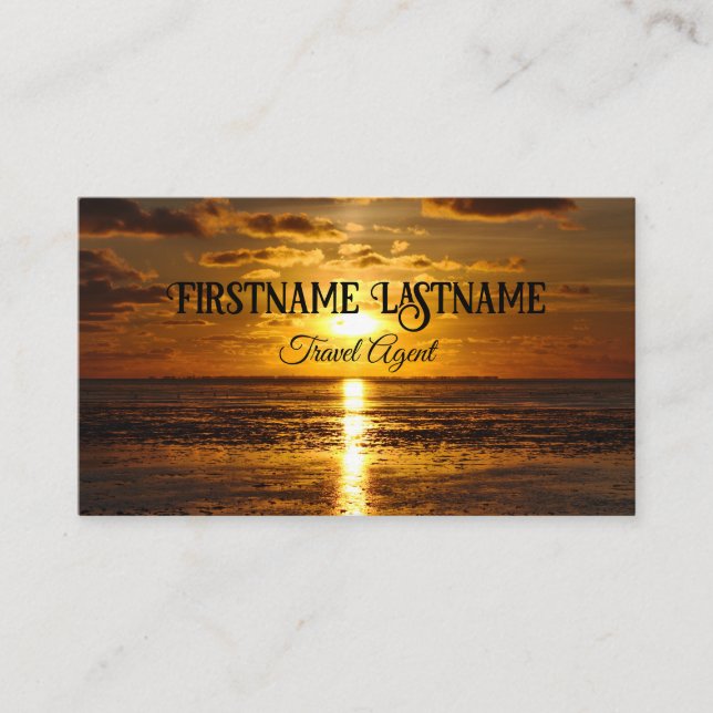 Travel agent dramatic sky ocean beach sunset business card (Front)