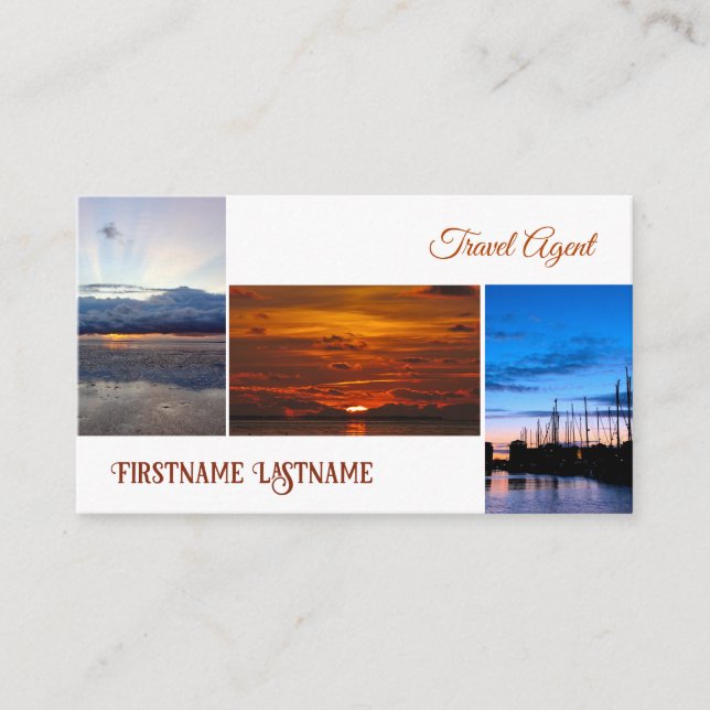 Travel agent dramatic sky ocean beach sunset business card (Front)