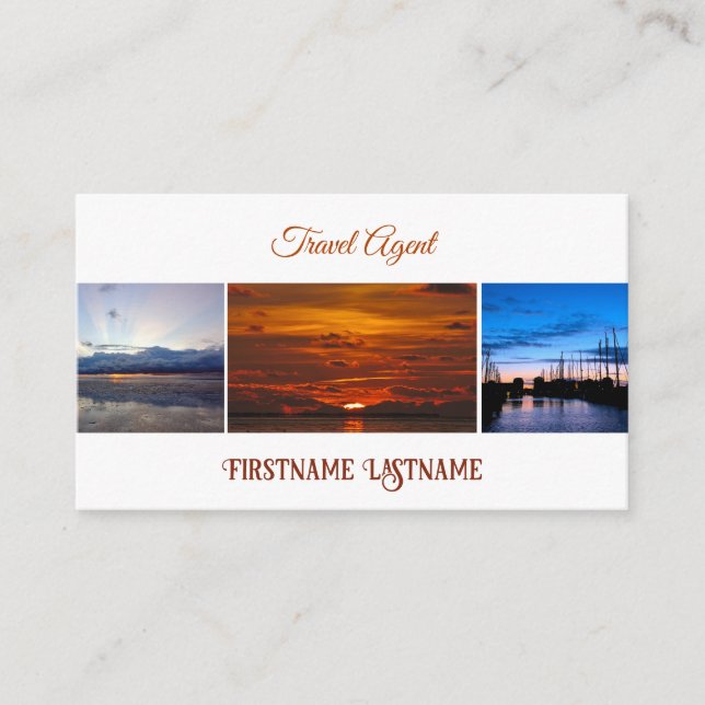 Travel agent dramatic sky ocean beach sunset business card (Front)