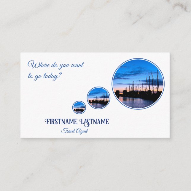 Travel agent dreamy sky sailing marina sunset business card (Front)