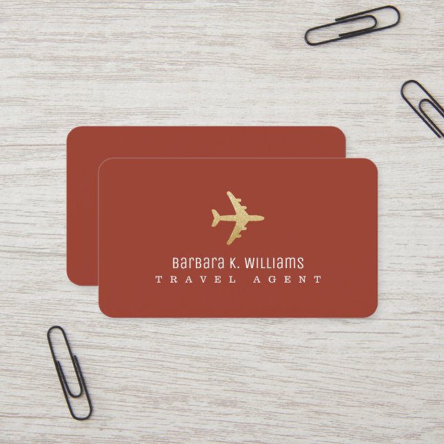 Travel Agent faux gold aeroplane terracotta Business Card (Front/Back In Situ)
