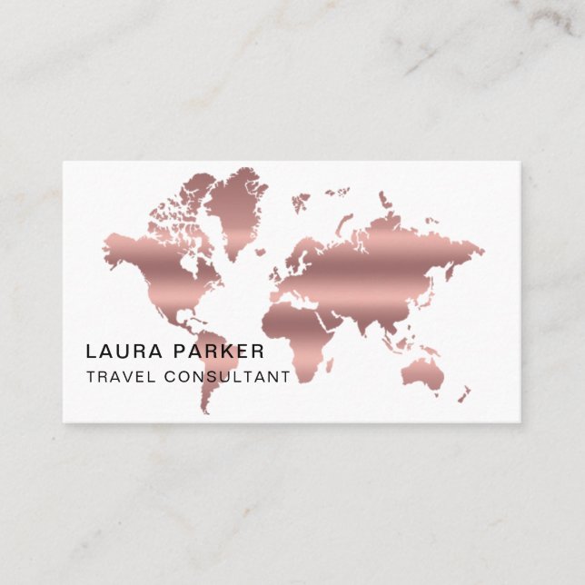 Travel Agent Faux Rose Gold World Map Destination Business Card (Front)