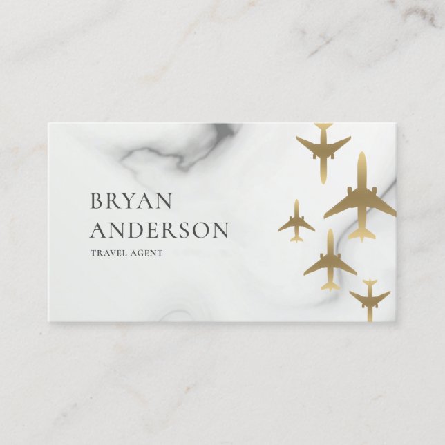 Travel Agent Gold Aeroplanes Marble Business Card (Front)