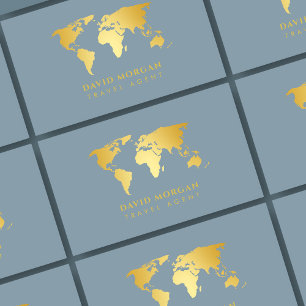 Travel Agent Gold World Map Dusty Blue  Business Card