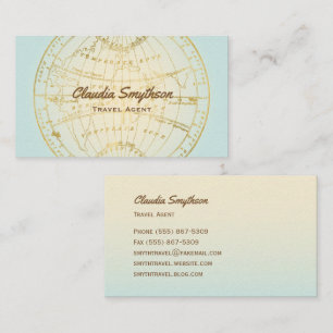 Travel Agent Golden Map Teal Ombre Blogger Business Card