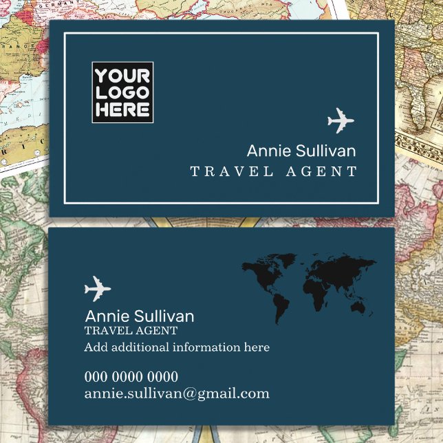 Travel Agent Logo Aeroplane World Map  Business Card (Creator Uploaded)