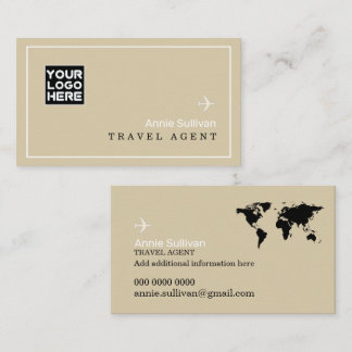 Travel Agent Logo Plane World Map Beige Business Card