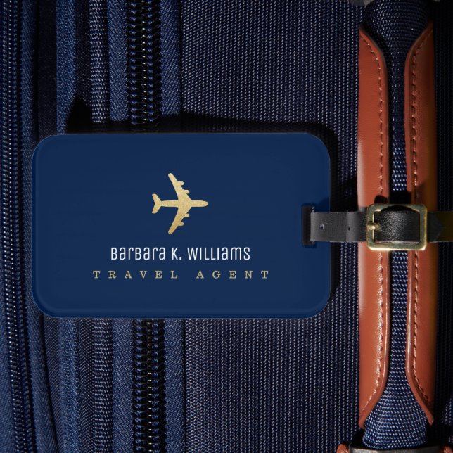 Travel Agent luggage tag with faux gold aeroplane (Front Insitu 4)