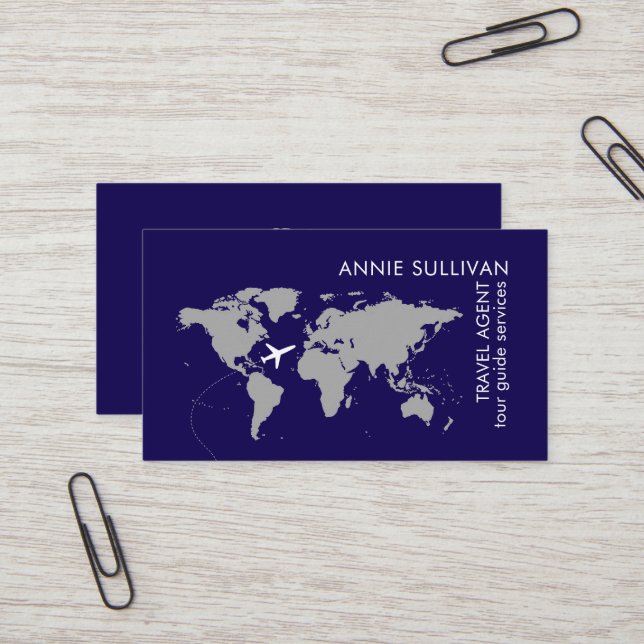 Travel Agent map of world blue Business Card (Front/Back In Situ)