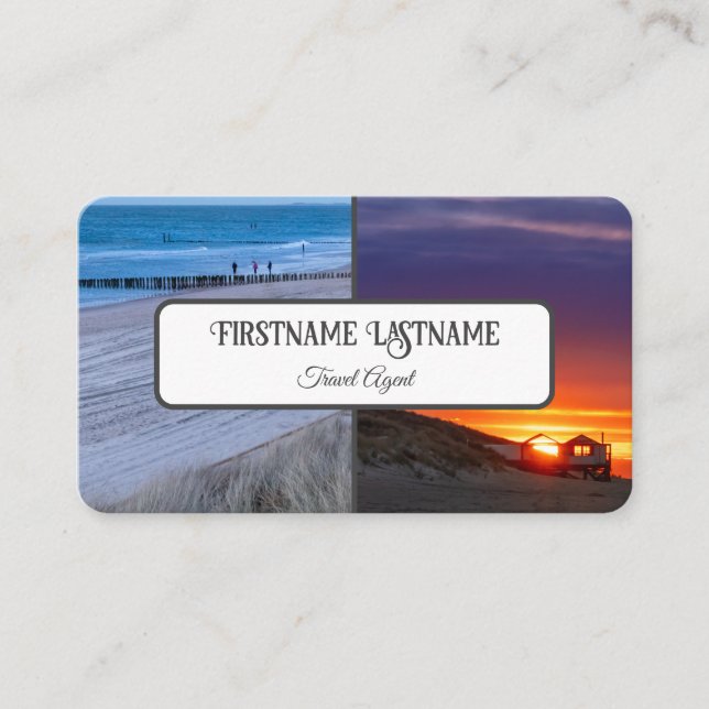 Travel agent sunset sky ocean beach photos QR-Code Business Card (Front)