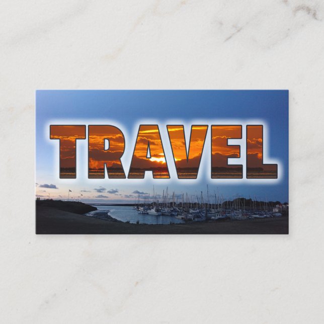Travel agent text mask blue marina ships sunset business card (Front)