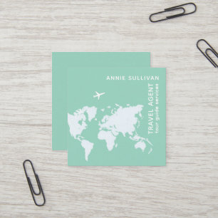 Travel agent with world map and aeroplane square business card