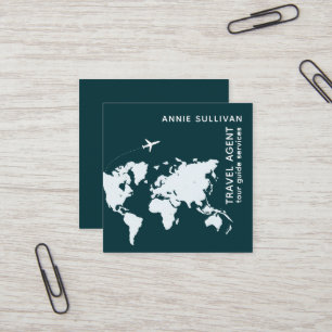 Travel Agent world map and plane teal Square Business Card