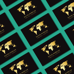 Travel Agent World Map Black And Gold Business Card