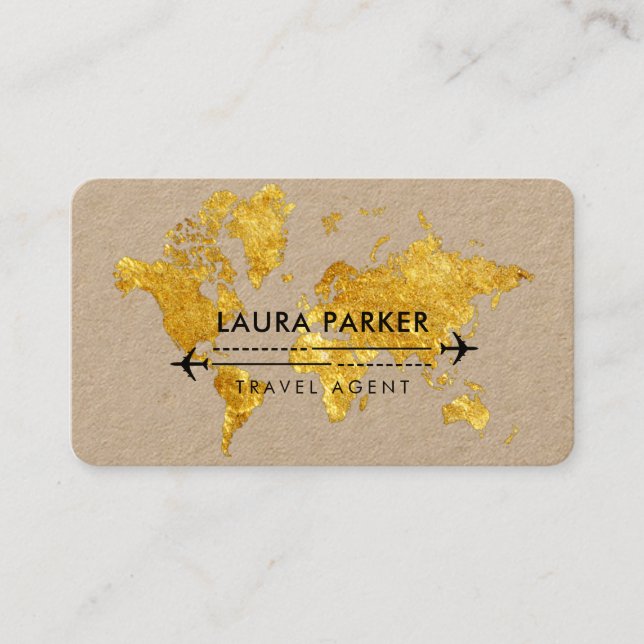 Travel Agent World Map Vacation Gold Glitter Busin Business Card (Front)