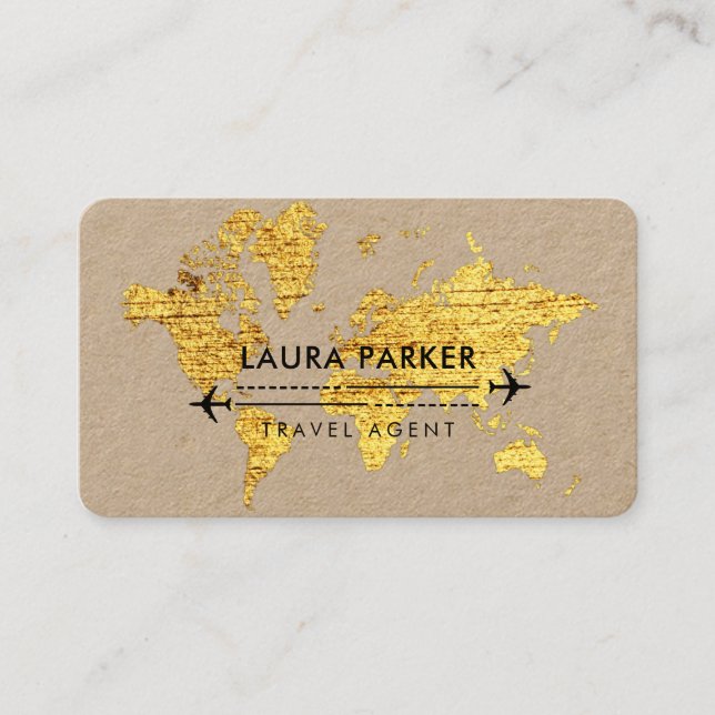 Travel Agent World Map Vacation Gold Glitter Busin Business Card (Front)